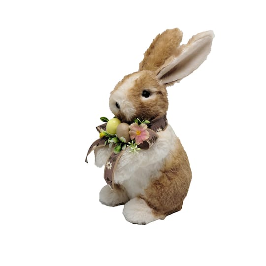 10.25&#x22; Brown Plush Easter Rabbit with Eggs &#x26; Bow Decorative Figurine